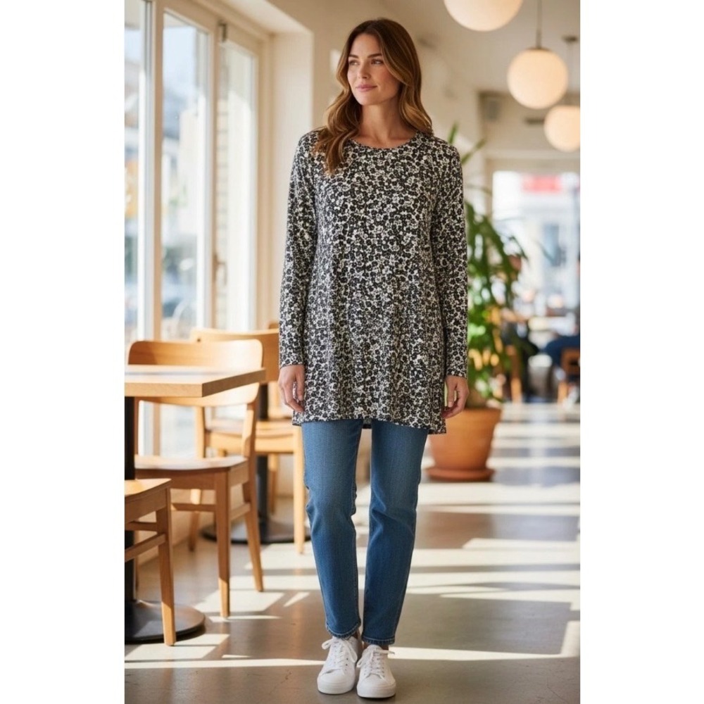 J Jill‎ Wearever Black White Floral Knit Tunic Top Long Sleeve Tie Back XLP